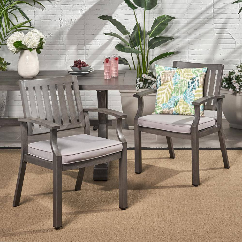 Gray Aluminum Outdoor Dining Armchair with Silver Cushions