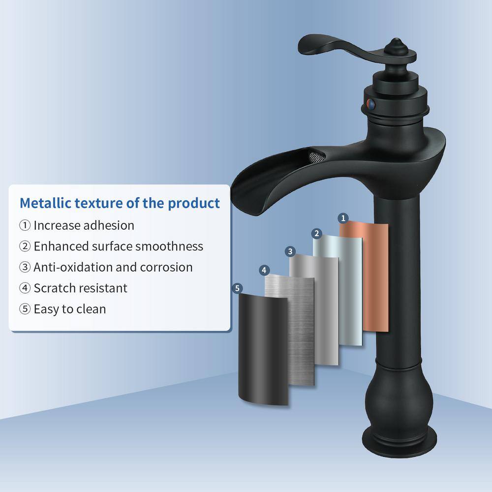 Matte Black Tall Vessel Sink Faucet with Waterfall Spout and Drain Assembly