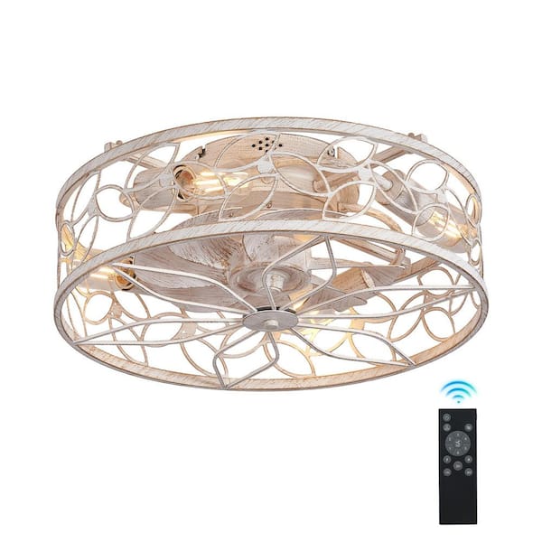 Jushua 18 in. White Vintage Caged Ceiling Fan Light, Quiet, Remote Control, Industrial Style, No Bulb
