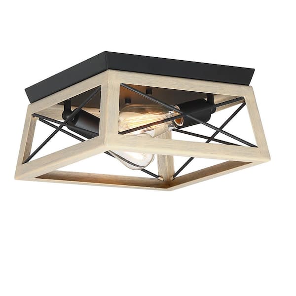 PUDO 2-Light Vintage White Farmhouse Chandelier with Metal Cage Shade