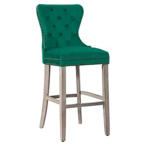 Harper 29 in. High Back Nail Head Trim Button Tufted Green Velvet Counter Stool with Solid Wood Frame in Antique Gray