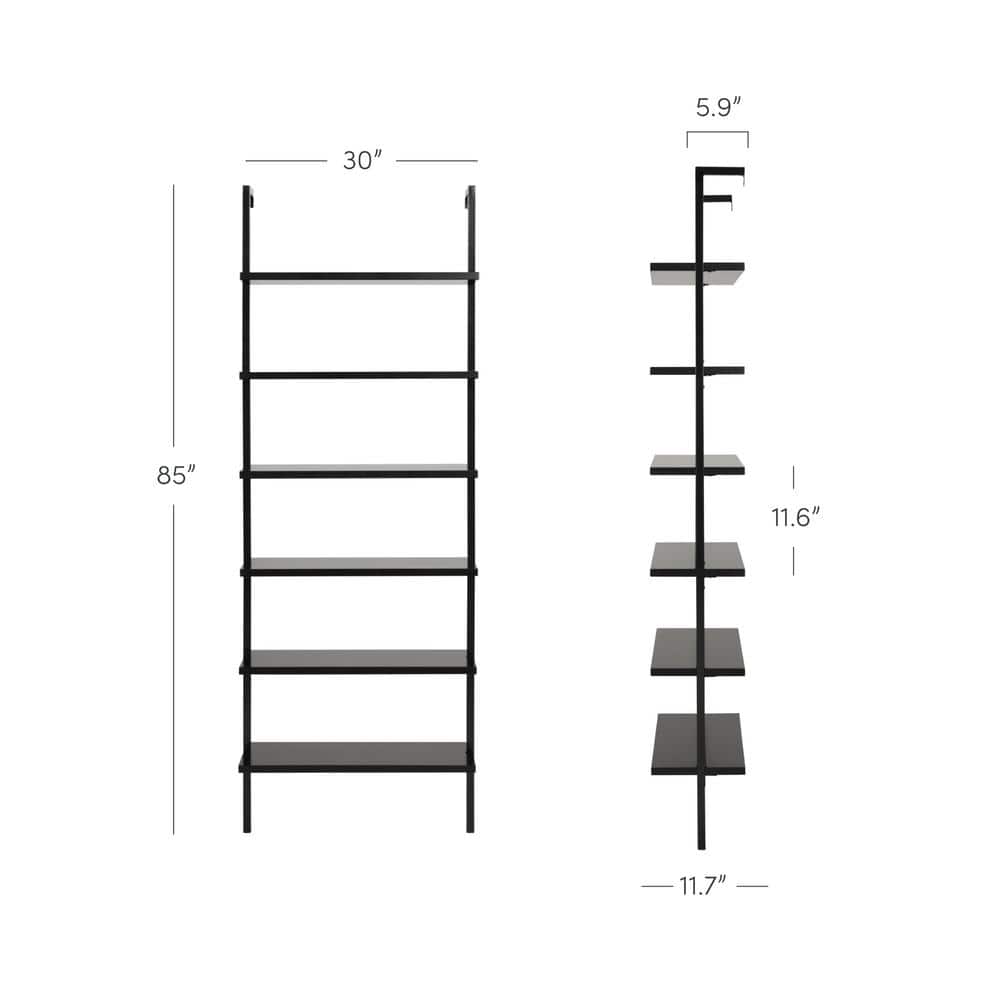Theo Matte Black 6-Shelf Wood Ladder Bookcase