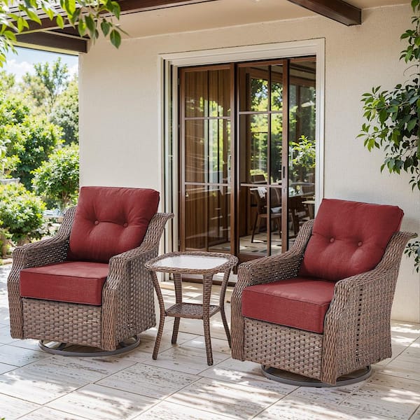 Round Side Series 3-Pieces Brown Wicker Outdoor Swivel Rocking Chair with CushionGuard Red Cushions