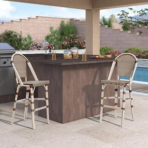 French Wicker Stackable Counter Height Outdoor Bar Stool in Coffee (2-Pack)