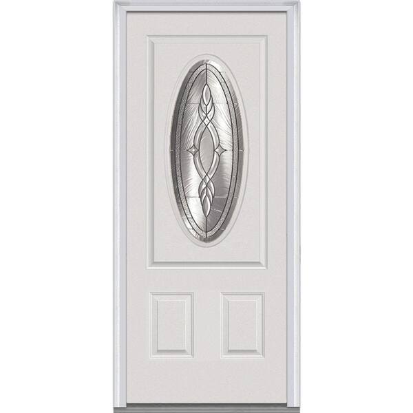 MMI Door 36 in. x 80 in. Brentwood Left-Hand 3/4 Oval Lite 2-Panel Classic Primed Fiberglass Smooth Prehung Front Door