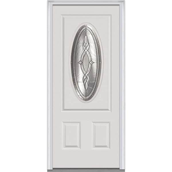 MMI Door 36 in. x 80 in. Brentwood Left-Hand 3/4 Oval Lite 2-Panel Classic Primed Fiberglass Smooth Prehung Front Door