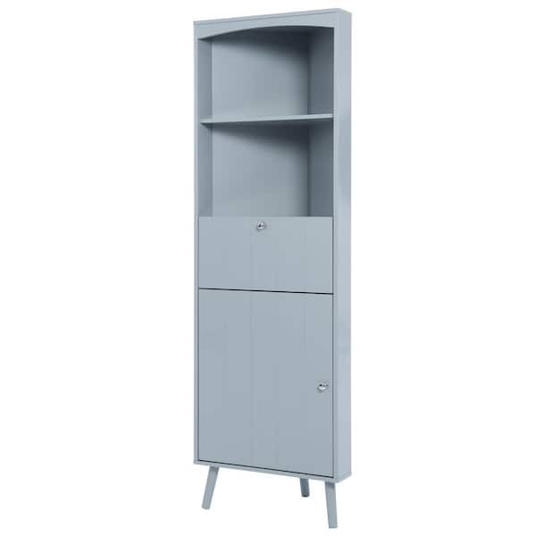 Unbranded 20.1 in. W x 14.2 in. D x 63 in. H Gray MDF Free Standing Linen Cabinet with Door and Drawer in Blue Gray