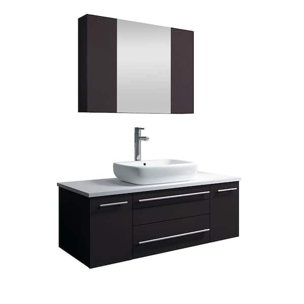 Fresca Lucera 42 in. W Wall Hung Vanity in Espresso with Quartz Stone Vanity Top in White with White Basin and Medicine Cabinet