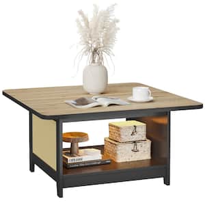35.43 in. Black Square LED Modern Composite Wood Ratten Coffee Table with Open Storage
