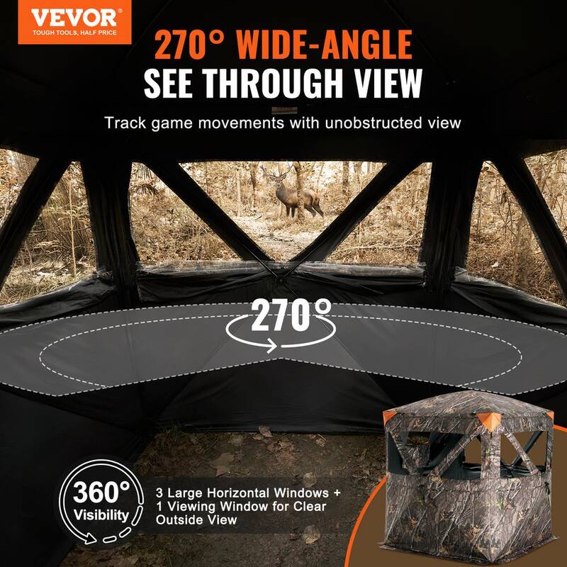 Hunting Blind, 270-Degree See Through Ground Blind, 1-2 Person Pop Up Deer Blind for Hunting with Carrying Bag, Portable