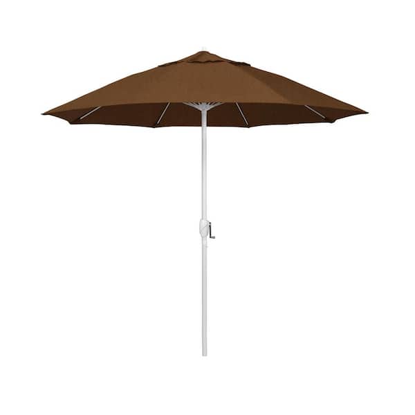 California Umbrella 7.5 ft. Matted White Aluminum Market Patio Umbrella Fiberglass Ribs and Auto Tilt in Teak Sunbrella