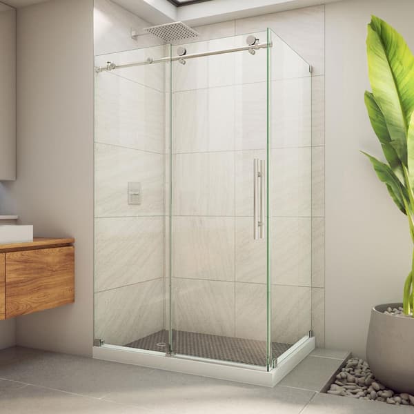 DreamLine Enigma-X 32-1/2 in. D x 48-3/8 in. W x 76 in. H Frameless Clear Sliding Shower Enclosure in Brushed Stainless Steel