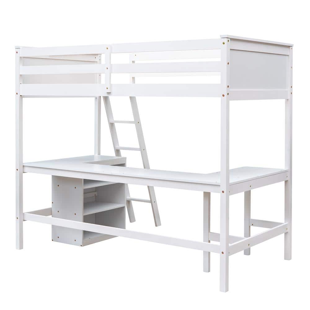 Harper & Bright Designs White Twin size Wooden Loft Bed with Shelves and Build-in Desk Harper & Bright Designs White Twin size Wooden Loft Bed with Shelves and Build-in Desk - 3