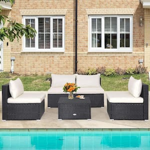 5-Pieces Patio Outdoor Rattan Sofa Conversation Set with Seat & Back Cushions Off White