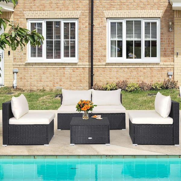 5-Pieces Patio Outdoor Rattan Sofa Conversation Set with Seat & Back Cushions Off White