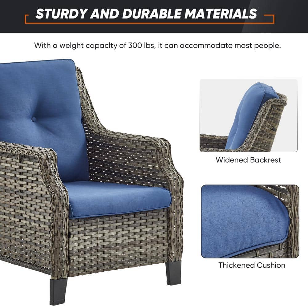 Gray Steel Wicker Lounge Chairs with Blue Cushions (2-Pack)