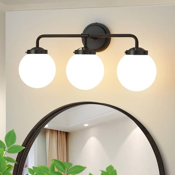 Deyidn 22.5 in. 3-Light Black Bathroom Vanity Light with Opal Glass Shades, Bulb not Included