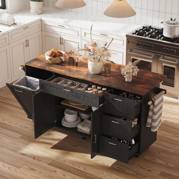 FUFU&GAGA Oak and Black Wood 63 in. W Kitchen Island with 4