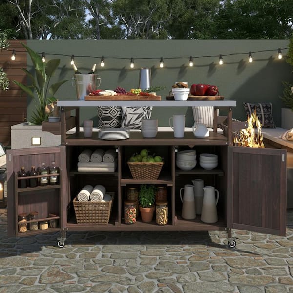 Farmhouse Dark Brown Stainless Steel 50 in. Outdoor Patio Grill Table Bar Cart Kitchen Island with Internal Storage Rack