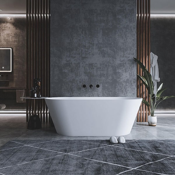 59 in. x 30 in. Freestanding Solid Surface Soaking Bathtub in Matte White with Flat Edge Design and Center Drain