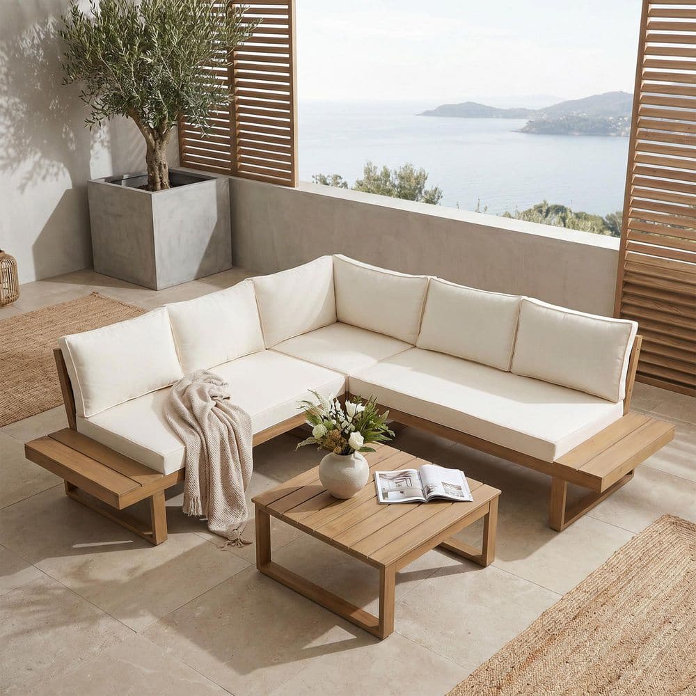 4 Piece Acacia Wood Patio L-Shaped Outdoor Sectional Sofa Set with Built-in Side Table and Cream White Cushions price history on PriceWatchPro
