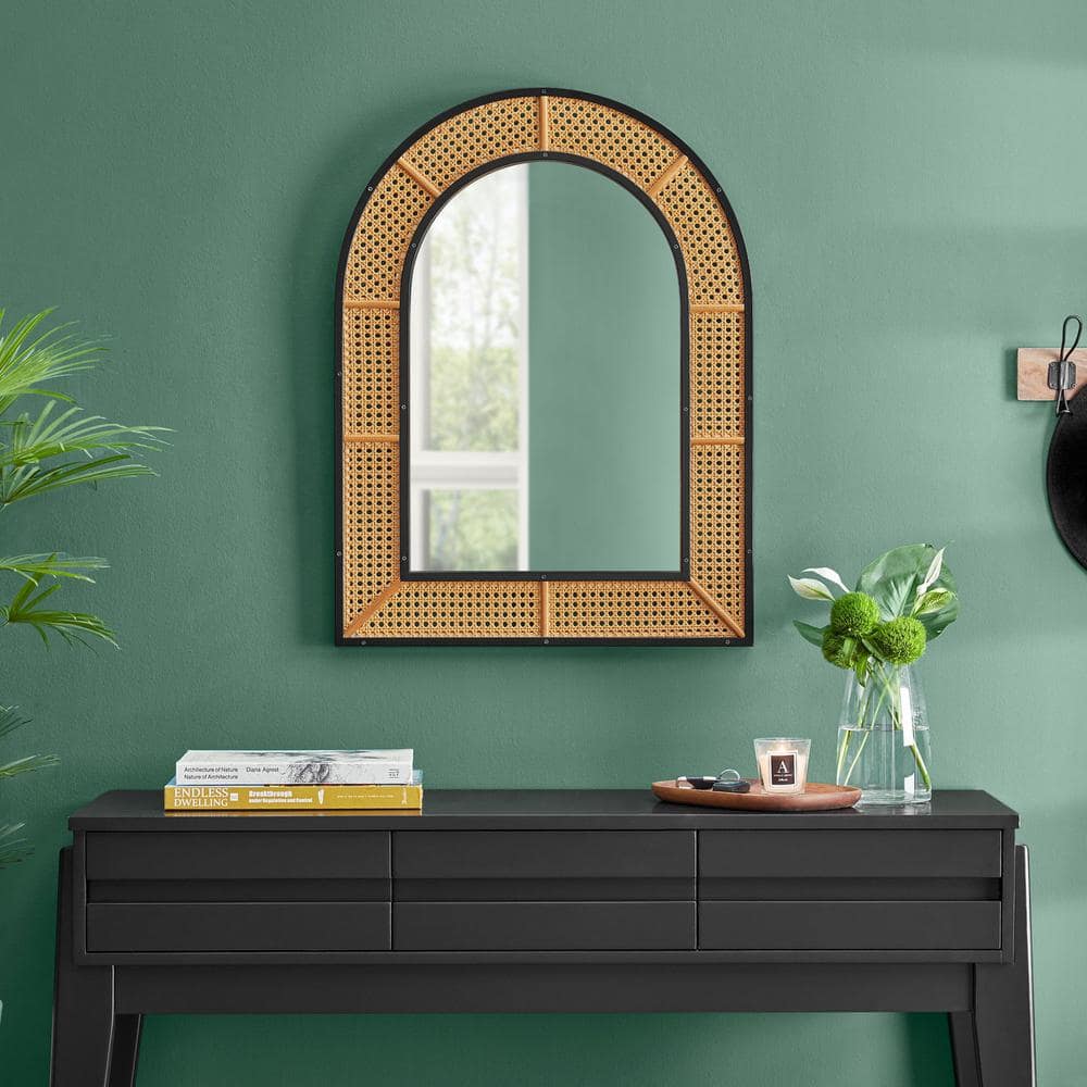 24 in. W x 32 in H Medium Arched Natural and Black Rattan Cane Mirror