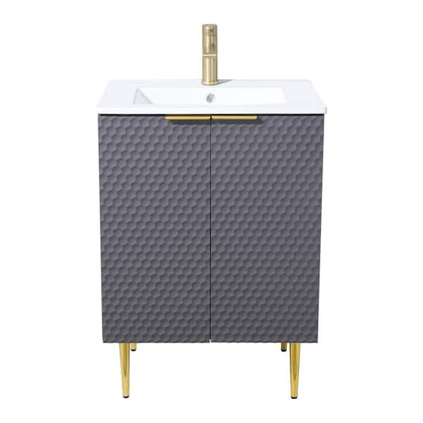 24 in. W Single Bath Vanity in Gray with White Ceramic Top Unassembled