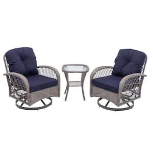 3-Piece Gray Wicker Patio Conversation Set with Navy Blue Thickened Cushions, Glass Coffee Table