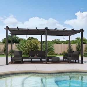 10 ft. x 18 ft. Gray Aluminum Frame Outdoor Patio Pergola Gazebo with Gray Retractable Sun Shade Canopy for Pavilion