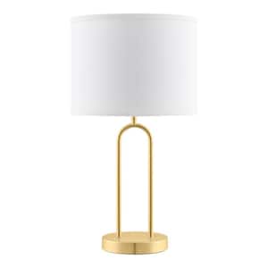 Streamside 20 in. Brushed gold Standard 1-Light Table Lamp with White Fabric Drum Shade
