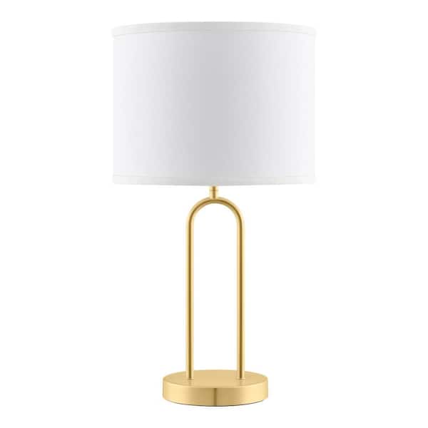 Hampton Bay Streamside 20 in. Brushed gold Standard 1-Light Table Lamp with White Fabric Drum Shade