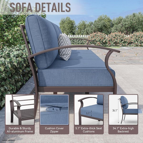 5-Piece Aluminum Patio Conversation Set with armrest, Firepit Table, Swivel Rocking Chairs and Navy-Blue Cushions