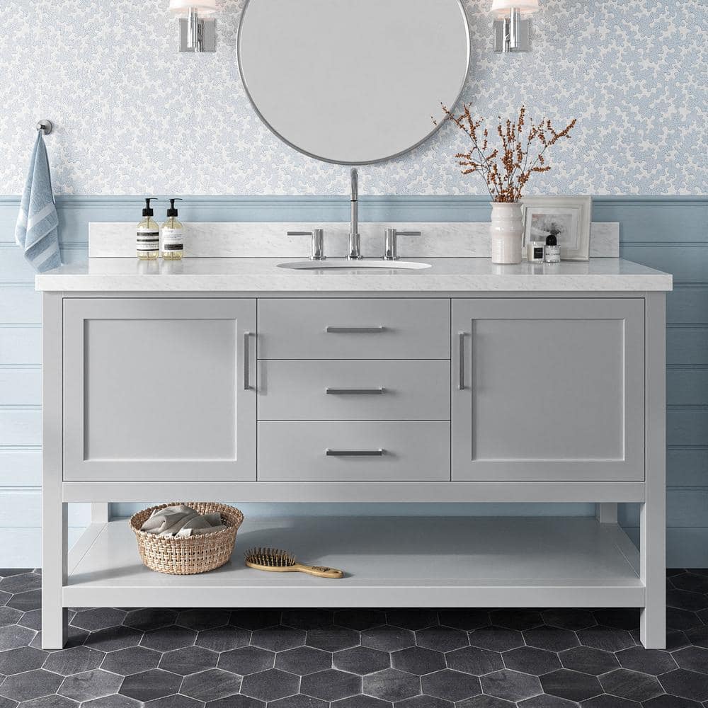 Bayhill 60 in. Single Sink Freestanding Bathroom Vanity in Gray with Carrara White Marble Top price history on PriceWatchPro