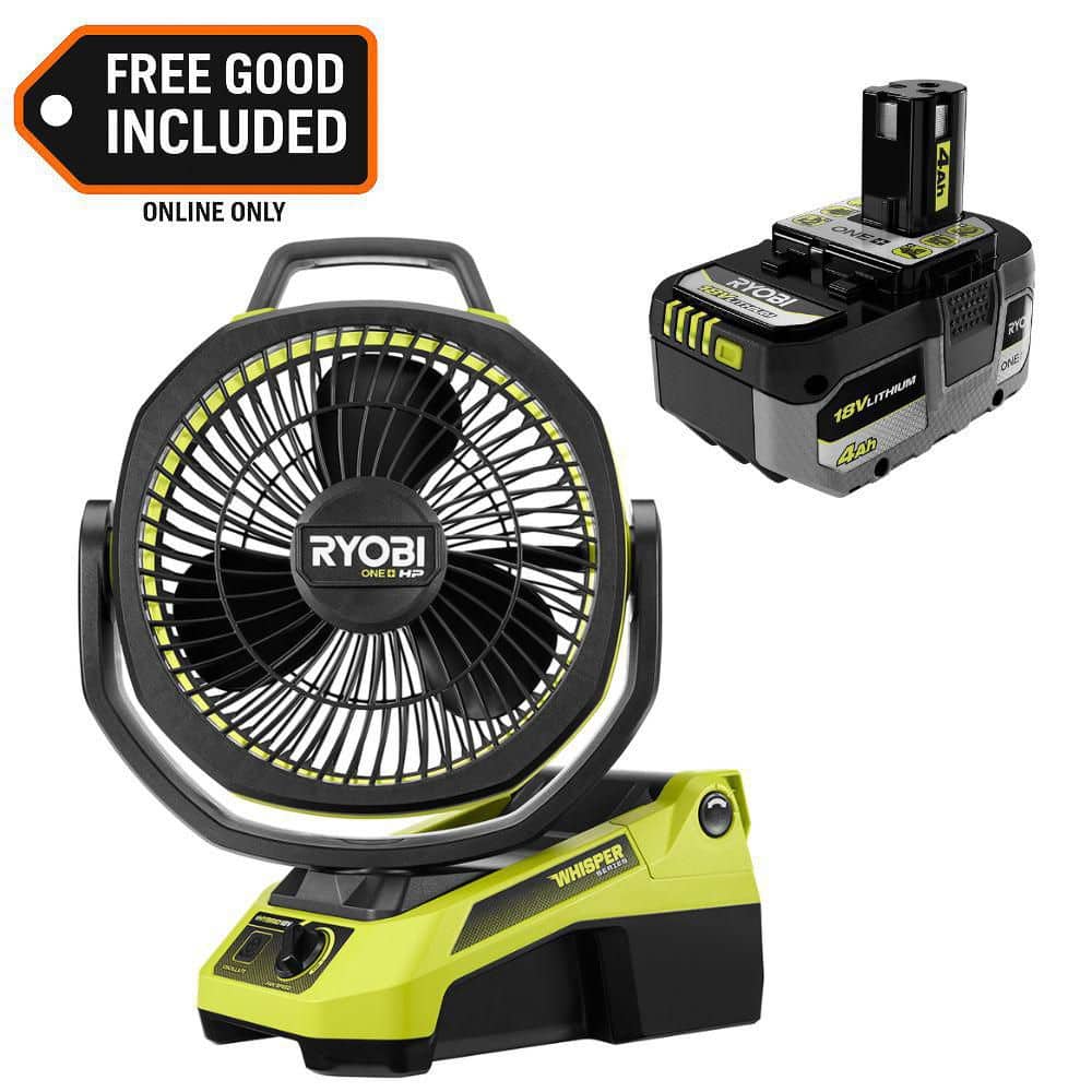 RYOBI ONE+ 18V Cordless Hybrid WHISPER SERIES 9 in. Oscillating Fan with ONE+ 18V 4.0 Ah Battery (PBLHF01PBP004)