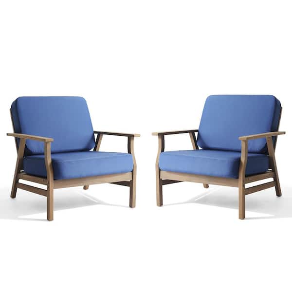Uixe Brown Acacia Wood Outdoor Patio Lounge Chairs with Oxford Blue Cushions (Set of 2)