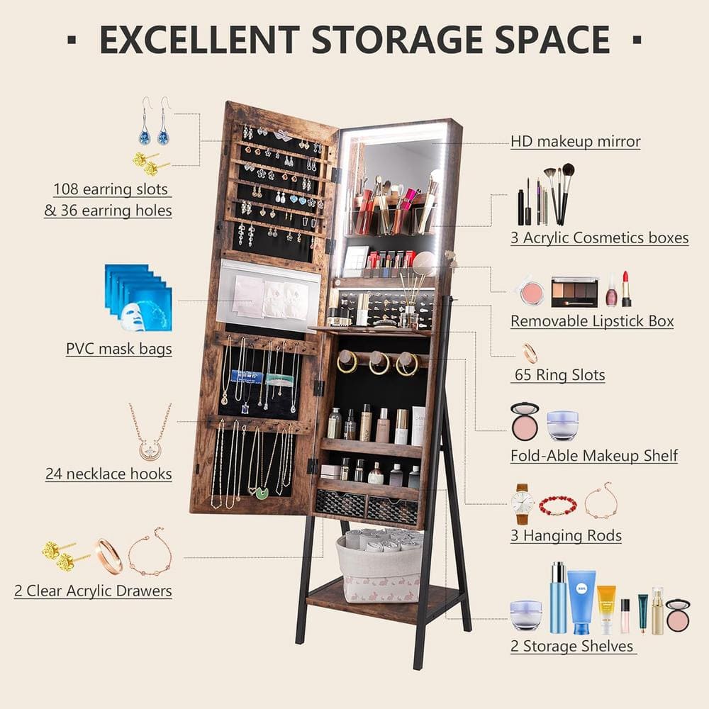 Rustic Brown Light Wood Full-Length Mirror Jewelry Cabinet Armoire