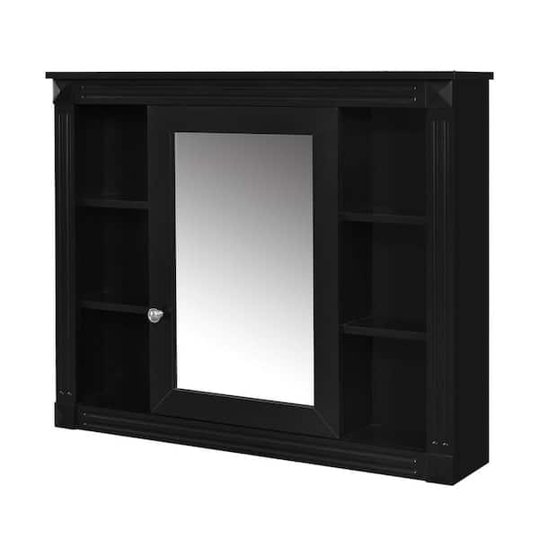 Modern 35.00 in. W x 28.70 in. H Rectangular Black Surface Mount Medicine Cabinet with Mirror, 6-Open Shelves