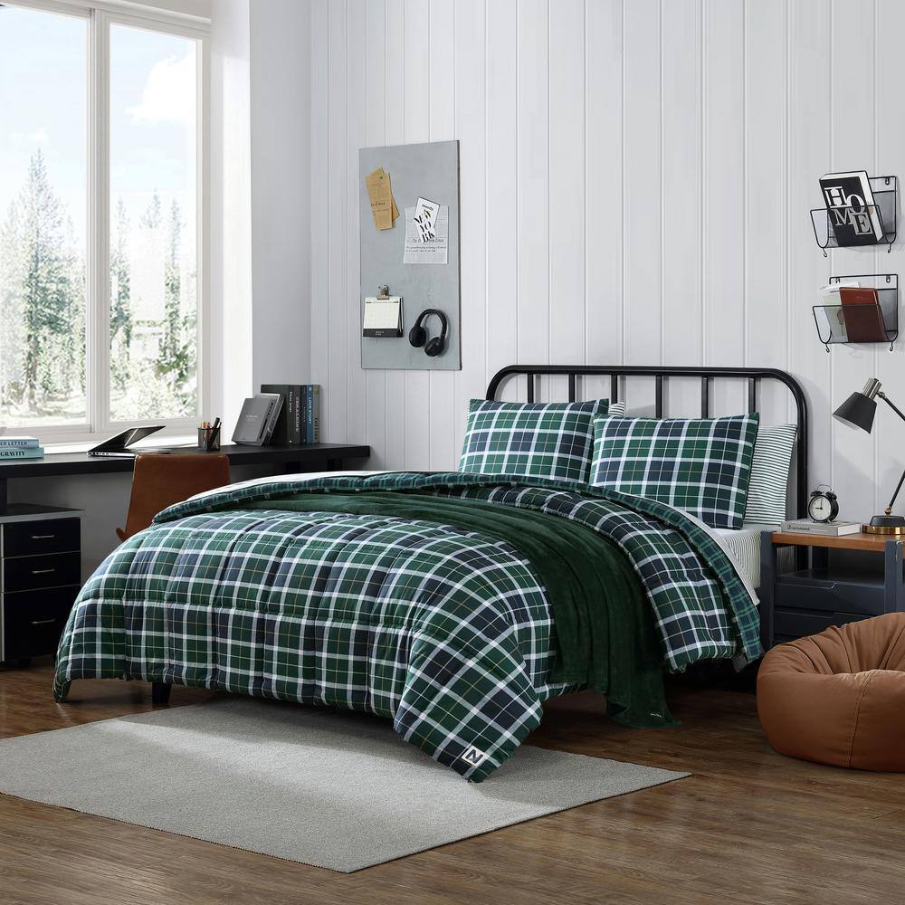 Green and Navy Plaid Full/Queen Duvet Cover Set with Shams