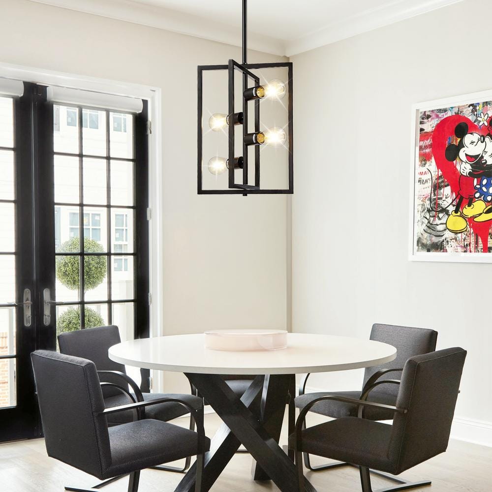Black Geometric Metal Lantern Chandelier with Candle Bulbs
