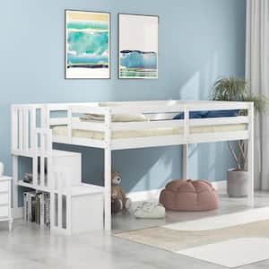 White Twin Size Wooden Loft Bed with Staircase