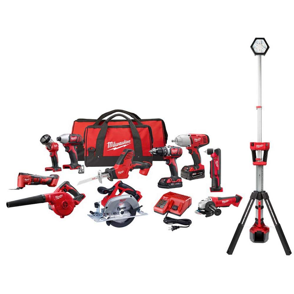 Milwaukee M18 18V Lithium-Ion Cordless Combo Kit (10-Tool) with (2) Batteries, Charger, (2) Tool Bags & M18 Dual Power Tower Light -  2695-10CX-2131