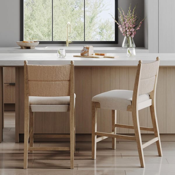 Cove 2-Pack Light Brown Bohemian Solid Wood Upholstered Bar Stool with Natural Falx Cushion and Seagrass Backrest