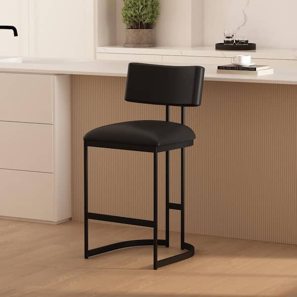 Juno 38.2 in. H Black Metal Counter Height Bar Stool with Faux Leather Upholstered Seat