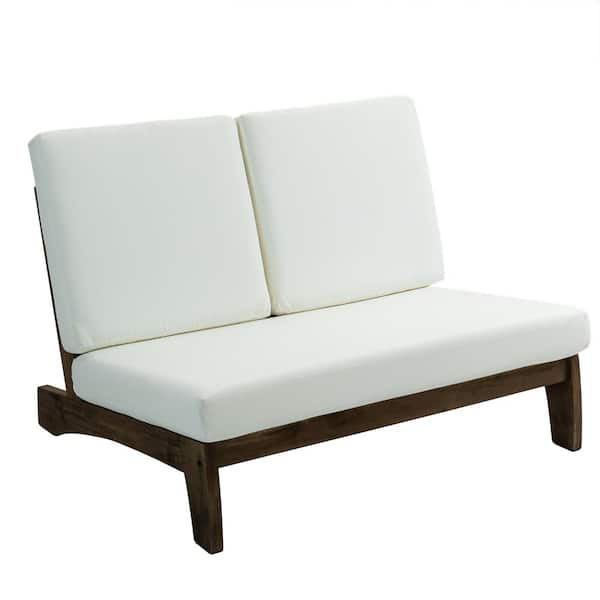 Uixe Teak Acacia Wood Outdoor Club Armless Loveseat with Beige Cushions (Set of 1)