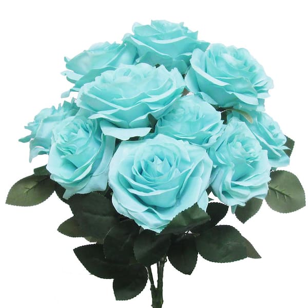 18 in. Deluxe Tiffany Blue Artificial Queen Rose Flower Stem Bush Bouquet (Set of 2)