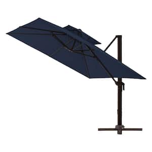10 ft. 2 Tiers Patio Offset Umbrella Square Cantilever Umbrella, Recycled Fabric and 360° Rotation in Navy Blue
