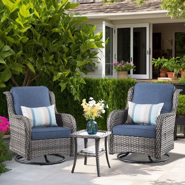 Erie Lake 3-Piece Gray Wicker Outdoor Rocking Chair Set with Denim Blue Cushions
