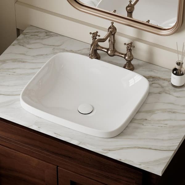 Semi Recessed Bathroom Sink 17 in. L x 15 in. W White Ceramic Drop In Rectangular Sink With Drain For Modern Bathroom
