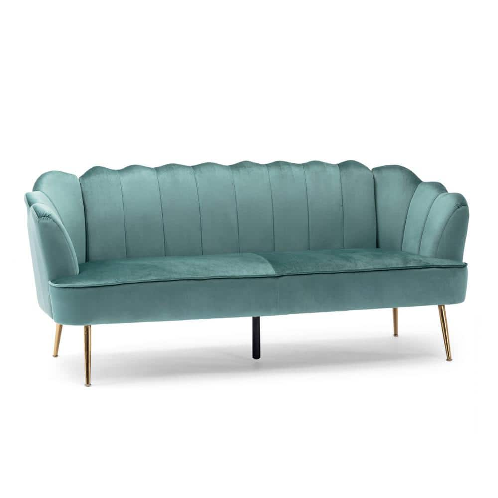 Noble House Thelen Velvet Channel Stitch 3 Seater Shell Sofa, Turquoise and Gold, Blue