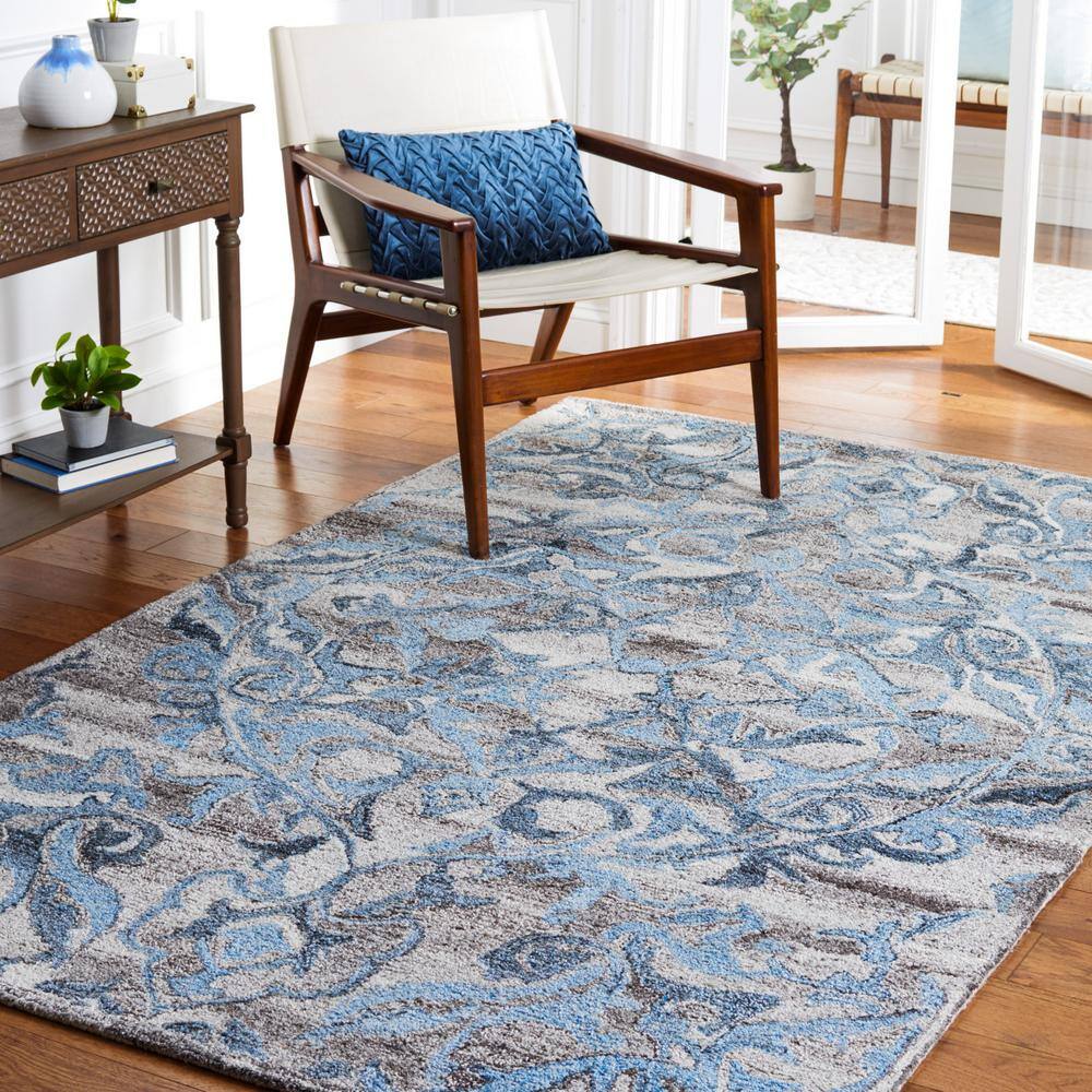 Blue and Gray Abstract Handmade Wool 4' x 6' Area Rug